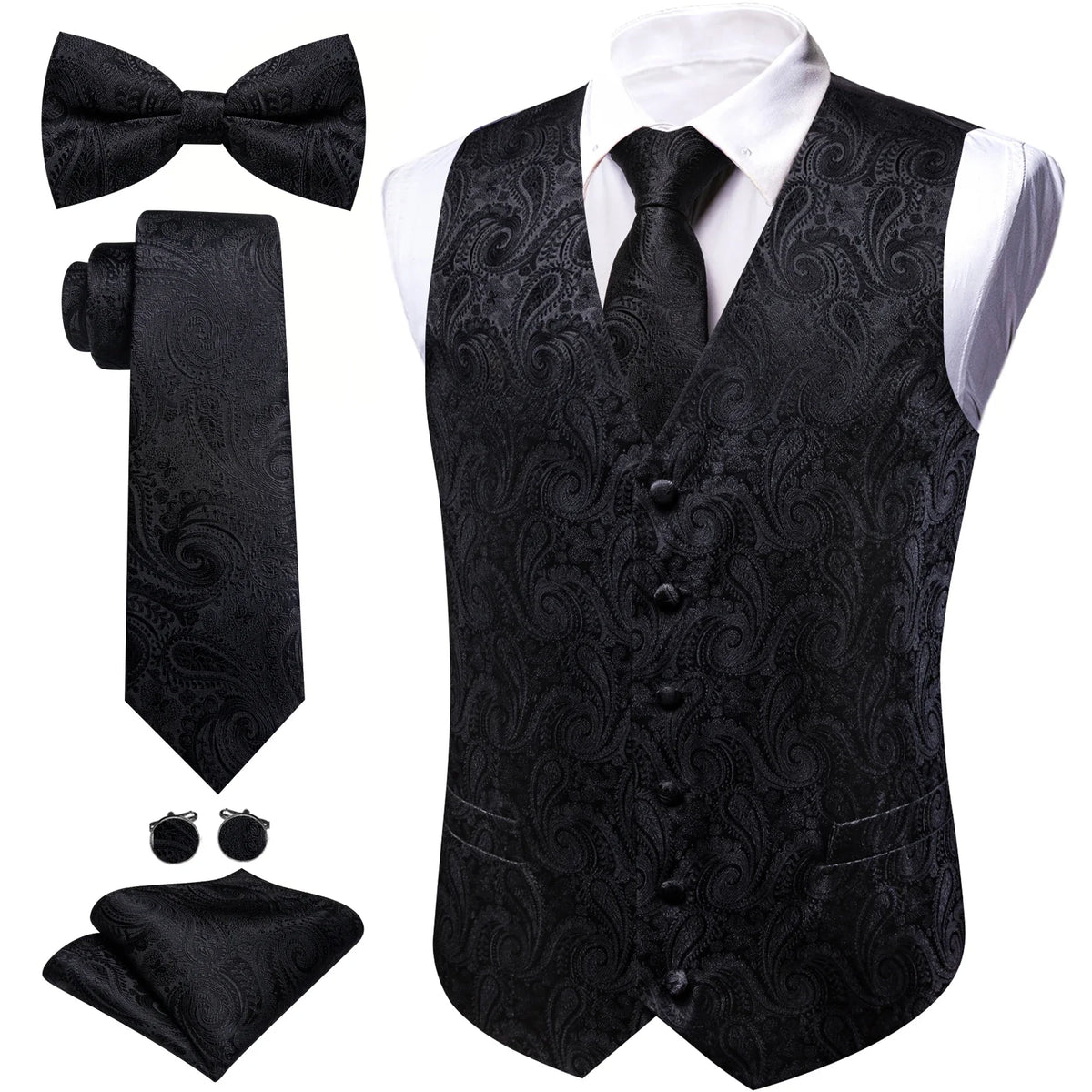 Men's Jacquard Suit Vest Set with Tie, Bow Tie, Pocket Square & Cufflinks – Wedding & Formal