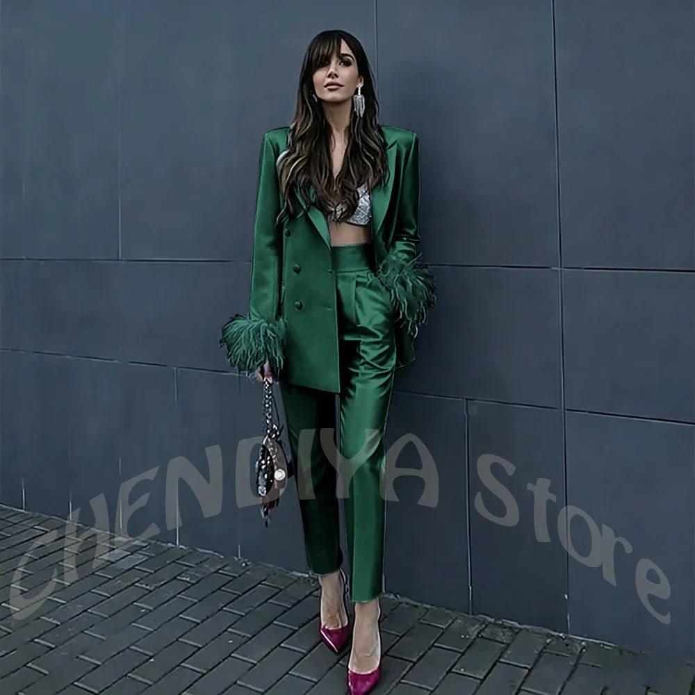 Fuchsia Satin Women's Suit Set Peak Lapel Shiny Glossy Blazer with Feather Elegant Luxury Outfit for Dinner Party Formal Event