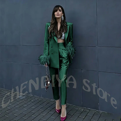 Fuchsia Satin Women's Suit Set Peak Lapel Shiny Glossy Blazer with Feather Elegant Luxury Outfit for Dinner Party Formal Event