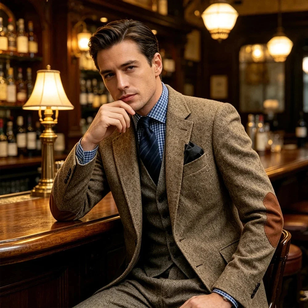 Men's Herringbone Blazer Notched Lapel With Elbow Patches Casual Suit Jacket For Business Wedding Daily Wear Party
