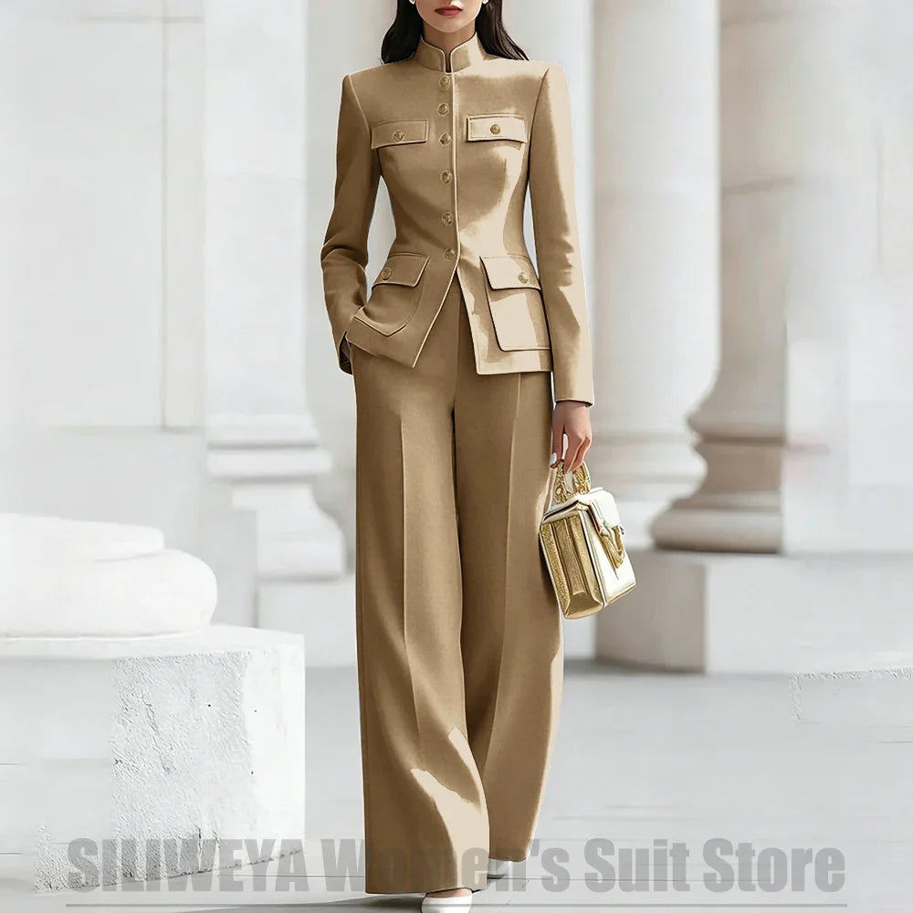 Women's Ivory Suit Mandarin Collar 2 Piece Military Style Gold Buttons Blazer Wide Leg Pants Wedding Party Prom Lady Suits