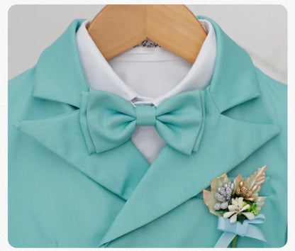Kid Light Green 5Pieces Suit Set With Jacket Vest Pants Bowtie Brooch Boys Wedding Birthday Party Piano Performance Costume