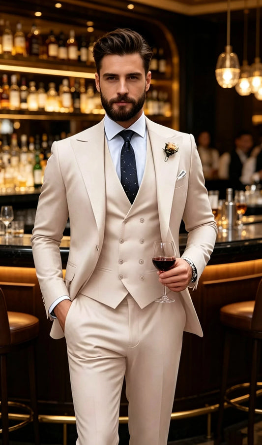 3 Pieces Set Beige Formal Slim Fit Tuxedo Prom Suit Men Groom Wedding Blazers High Quality Groomsman Business Banquet Party Suit