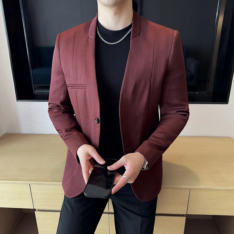 The New Chinese Style Collarless Suit Is Fashionable, Handsome and Versatile. It Is a Solid-Color Korean-Style Fitted and Fashio