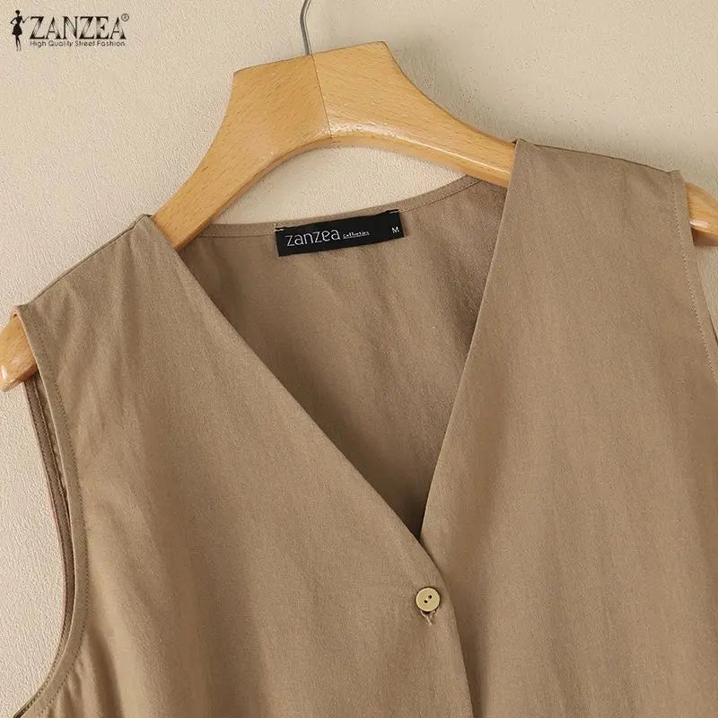 Woman Breathable Cotton Linen Solid Color Tank Tops Summer V-Neck Button Up Sleeveless Tops ZANZEA Daily Casual Vacation Tanks