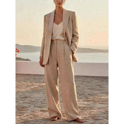 Beige Linen Blend Women's 2 Piece Pants Suit Casual Formal Business Office Wear Modest Blazer Wide Leg Trousers Set Customized