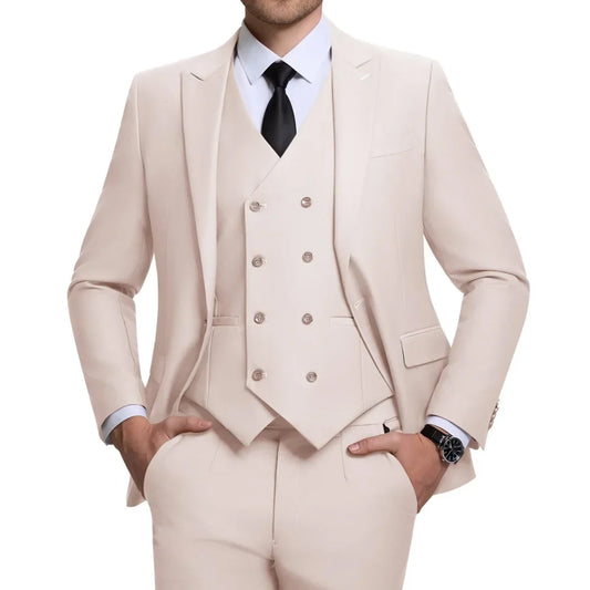 Men Suit 3 Pieces Beige With Lapel Solid For Wedding Banquet Birthday Party Prom Business Work Office Daily Jacket Vest Pants