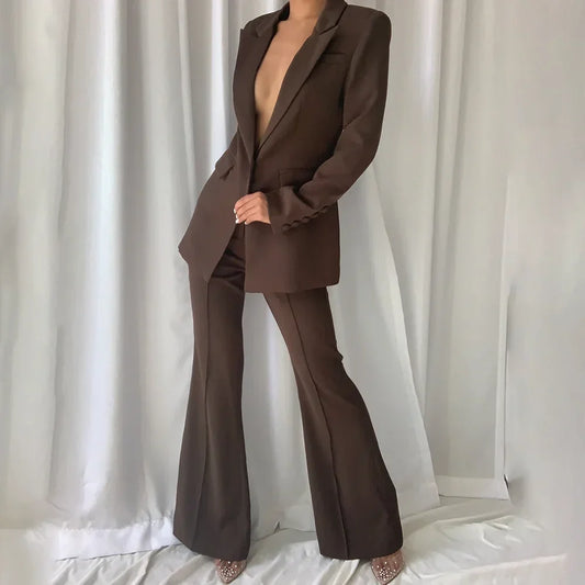 Women Suits Dark Brown 2 Piece Chic Peak Lapel One Button Solid Tuxedo Party Prom Slim Fashion Female Pants Sets (Blazer+Pants)