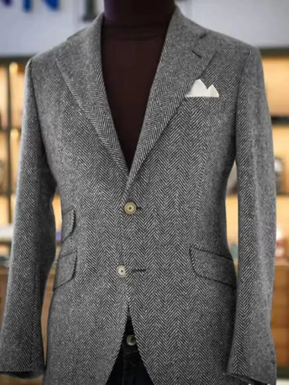 Blue Men's Herringbone Tweed Blazer Single Breasted Notch Lapel Prom Tuxedo Jacket Woolen Suit Daily Office Business One Coat