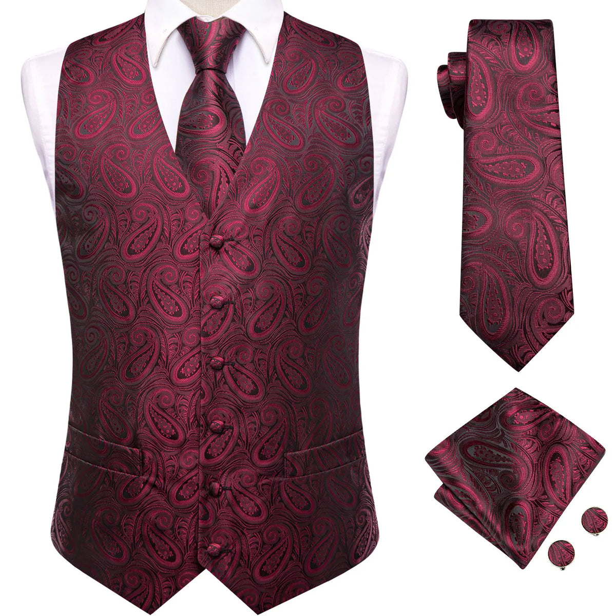 Men's Suit Vest Set Red Paisley Waistcoat with Tie Pocket Square Cufflinks for Weddings
