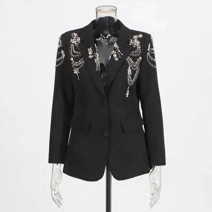 Autumn New Women Stylish Blazer Heavy Craft Beaded Studded Diamonds Single Breasted Elegant Temperament Fashion Coat HK9958