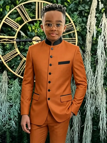 New African Boys Formal Suit Set 2 Pieces Wedding Ring Bearer Outfit Classic Stand-out Collar Kids Slim Fit Tuxedo For Birthday