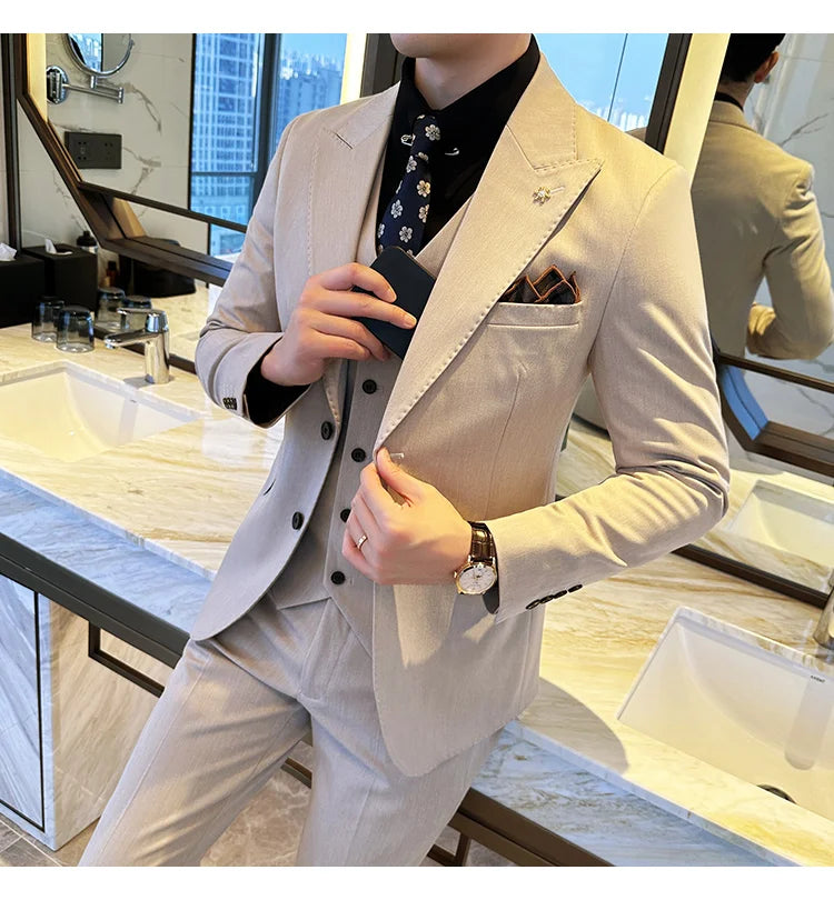(Blazer + Vest + Trousers) 2024 New Men Formal Business Solid Suit 3 Pieces Set Italian Style Luxury Wedding Social Party Tuxedo