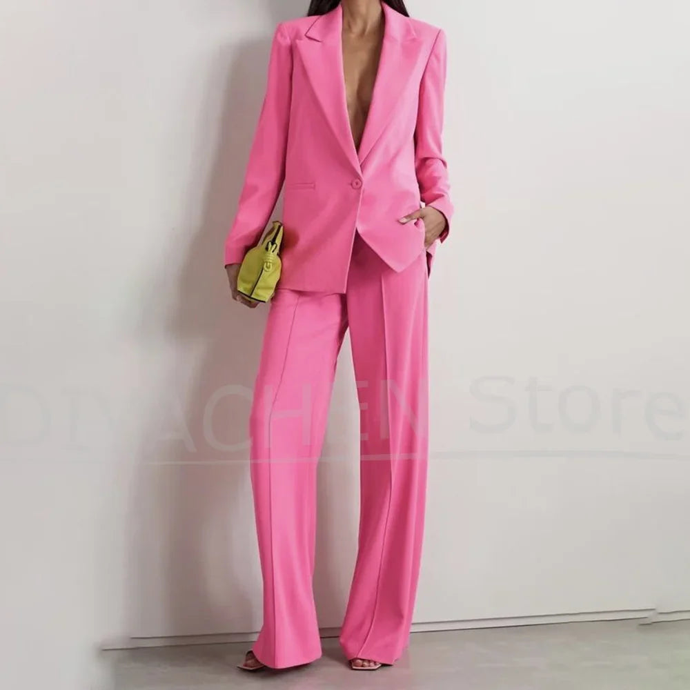 Women's Suit Set Peak Lapel One Button Blazer and Wide-Leg Pants Fashion Formal Casual Party Office Stylish Pants Sets Two Piece