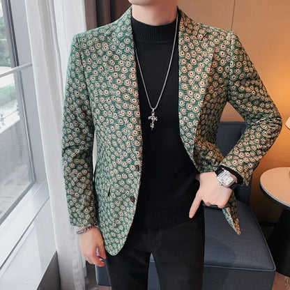 Autumn Winter Corduroy Flower Blazers Men Slim Fit Casual Suit Jacket Casual Suit Jacket Wedding Business Dress Coat Streetwear