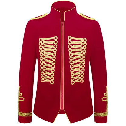 Men's European Style Stand Collar Zipper Blazer Golden Rope Detail Cosplay Middle Ages Tuxedo for Stage Performances And Parties