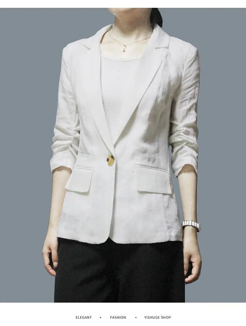 Women's Linen Blazer Casual Slim Fit Single Button Notched Lapel Lightweight Suit Jacket