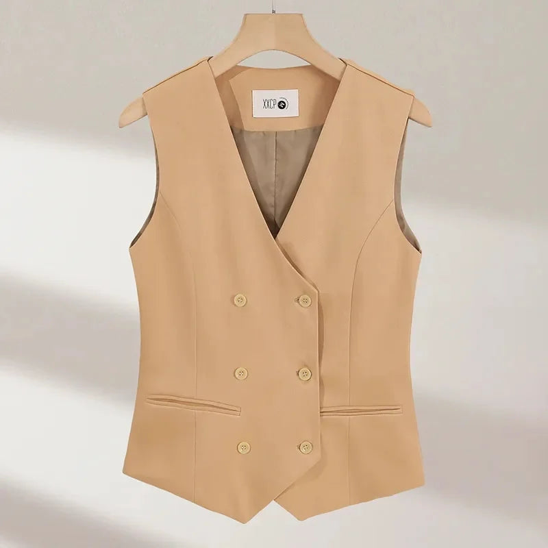 2025 Summer V-Neck Vest Women Thin Loose Waistcoat Double-breasted Sleeveless Blazer Female Slim Short Vest Femme Slim Buttons