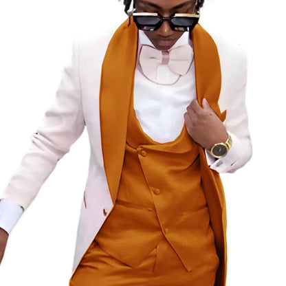Fashion Men's Suit 3 piece Suit White Jacket Khaki Vest Pants Wedding Tuxedo Groom Tailored Suit Blazer for Men Slim Fit Outfit