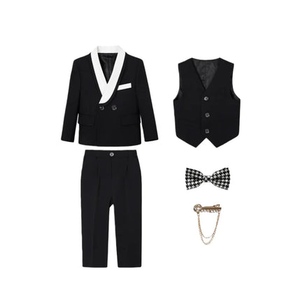 Kids 5Pieces Suit Set With Jacket Vest Pants Bowtie Brooch Boys Birthday Wedding Party Dress Children's Performance Costume