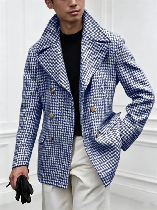 Men's Houndstooth Double Breasted Blazer Wide Lapel Jacket Slim Fit Casual Sport Coat Business Wedding Party Gentleman Outerwear