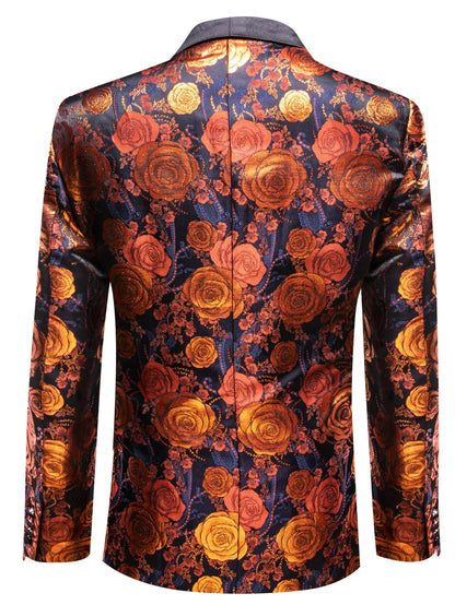 Vintage Brown Rose Pattern Mens Tuxedo Jacket, Satin Shawl Collar Slim Blazer for Banquet Host Wedding Party