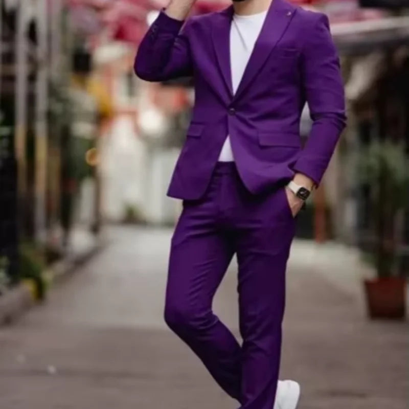 Purple Men's Business Daily Formal Party Leisure Suit Two-Piece One Button Peak Lapel Blazer Pants Groom Tuxedos