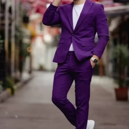 Purple Men's Business Daily Formal Party Leisure Suit Two-Piece One Button Peak Lapel Blazer Pants Groom Tuxedos