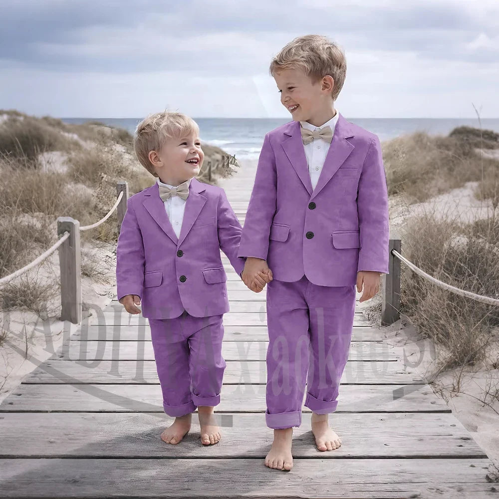 Beige Linen 2 Pieces Boys Suit Jacket Pants Kids Ring Bearer Outfit Breathable Summer Beach Wedding Birthday Party Costume