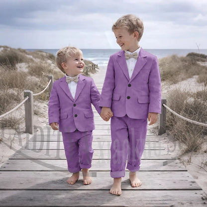 Beige Linen 2 Pieces Boys Suit Jacket Pants Kids Ring Bearer Outfit Breathable Summer Beach Wedding Birthday Party Costume