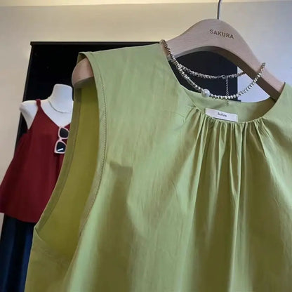 Korean Loose Fit Round Neck Sleeveless Vest 2025 Summer Women's Pure Top Split at Back Shirt