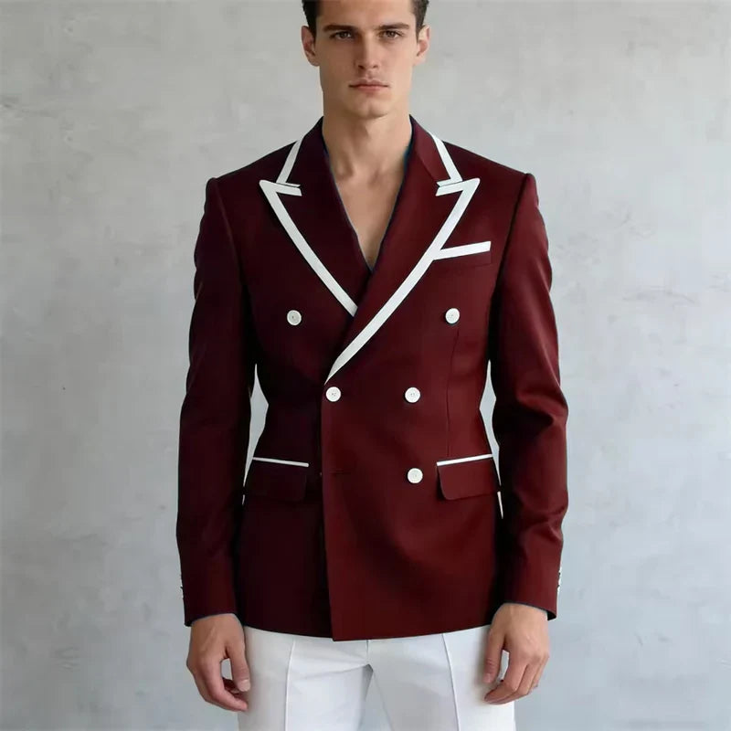 Double Breasted Slim Fit Blazer – Men's Formal Suit Jacket with White Contrast Piping