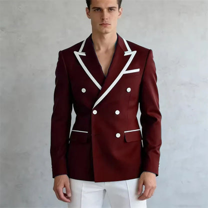 Double Breasted Slim Fit Blazer – Men's Formal Suit Jacket with White Contrast Piping