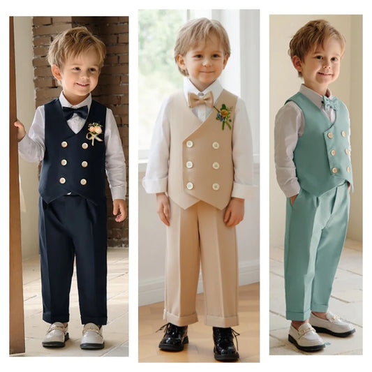 Kids Double-Breasted Vest Suit Set Flower Boys Wedding Dress Children's Vest Pants Bowtie Brooch 4Pieces School Clothes Set