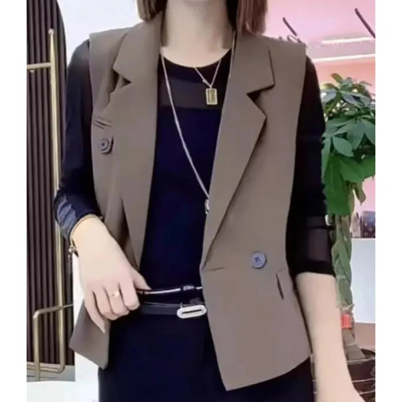 Korean Women With Lining Suit Vest Top Spring Autumn Female Cardigan Waistcoat Jacket Lady Casual Fashion Sleeveless Blazer Coat