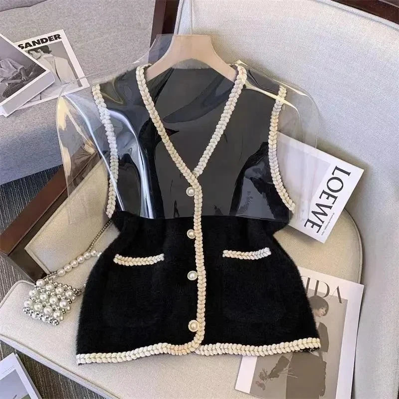 Spring And Autumn Annals Female New V-neck Knitted Mink Velvet Vest Women Xiaoxiangfeng Sweater V-neck Vest Shoulder Tops Jacket