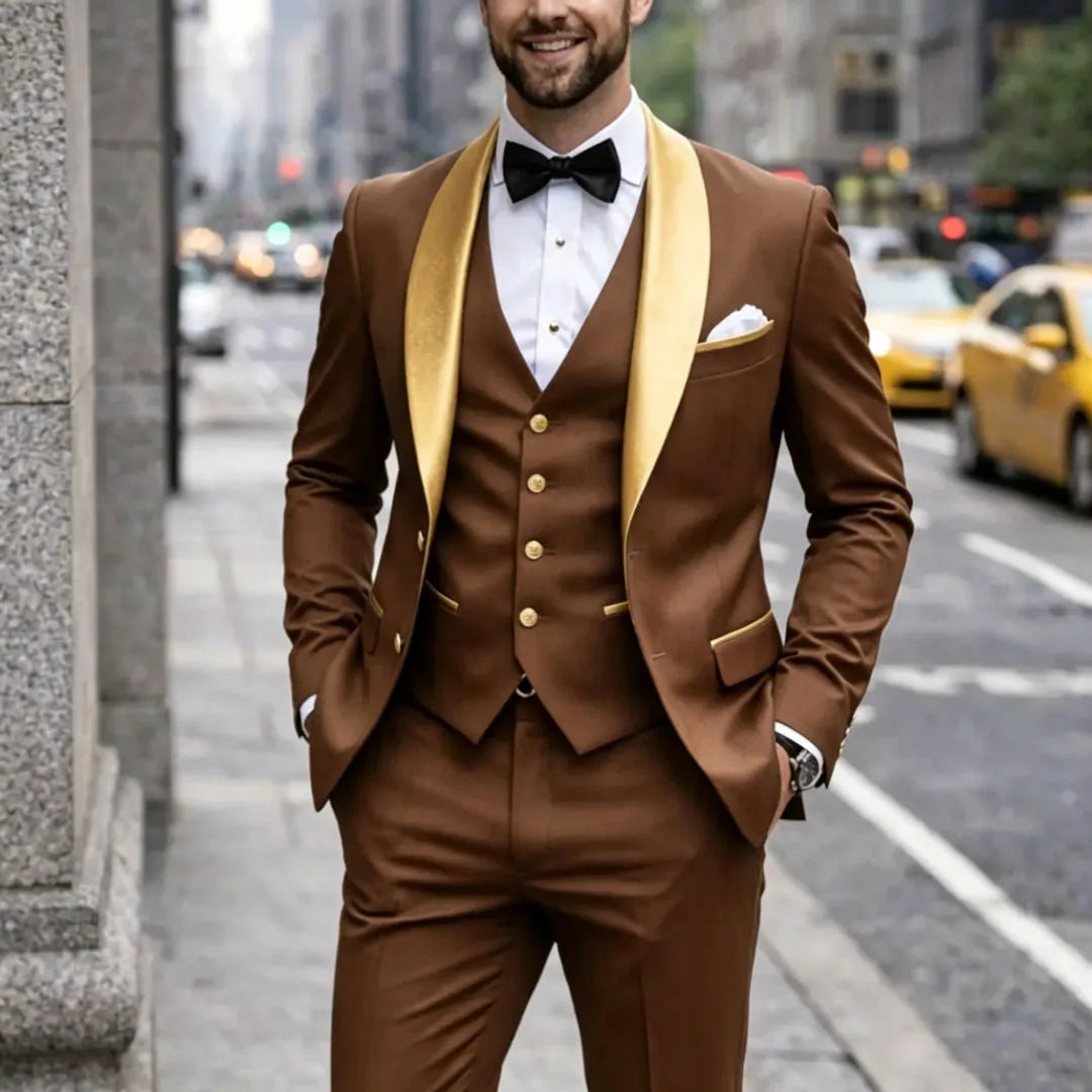 Men Suit Dark Green 3 Piece With Gold Lapel Single Button For Wedding Birthday Banquet Party Business Work Jacket Vest Pants