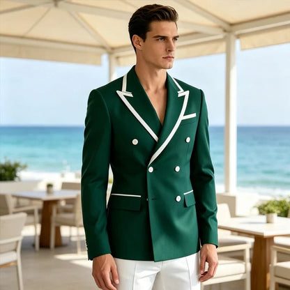 Double Breasted Slim Fit Blazer – Men's Formal Suit Jacket with White Contrast Piping