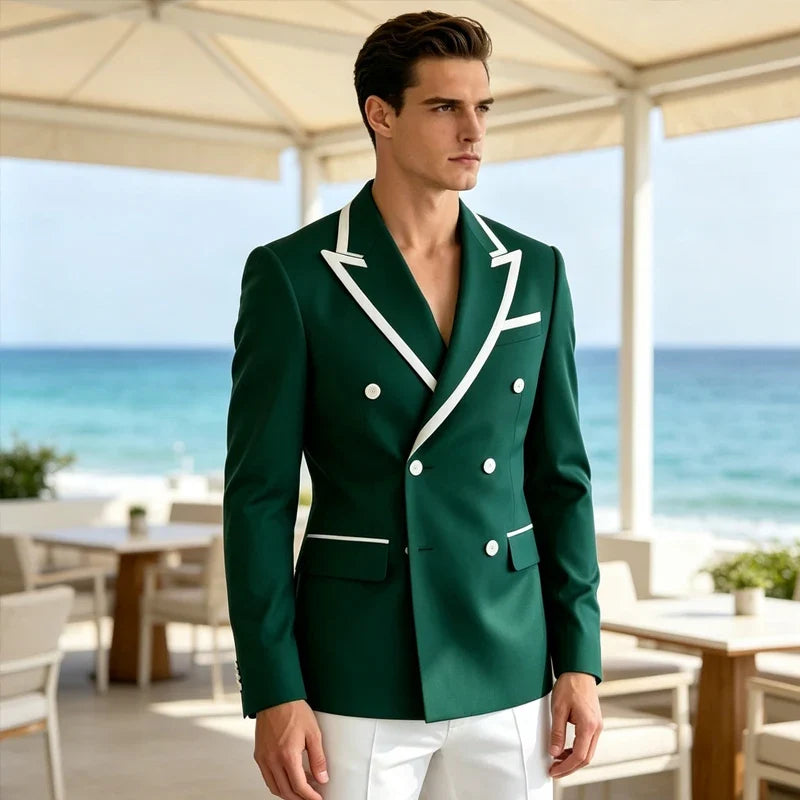 Double Breasted Slim Fit Blazer – Men's Formal Suit Jacket with White Contrast Piping