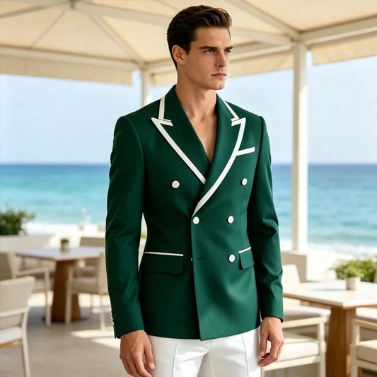 Double Breasted Slim Fit Blazer – Men's Formal Suit Jacket with White Contrast Piping