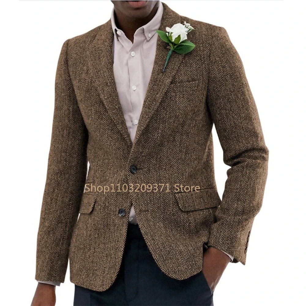 Men's Wool Tweed Blazer – Single Breasted Suit Jacket for Men | Herringbone | Formal & Wedding