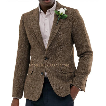 Men's Wool Tweed Blazer – Single Breasted Suit Jacket for Men | Herringbone | Formal & Wedding