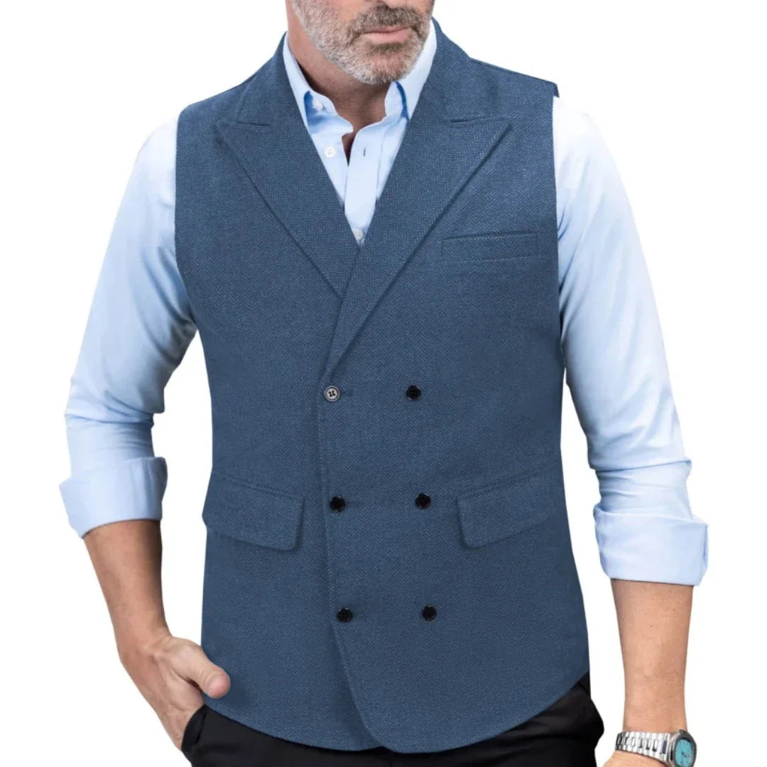 Men's Double-Breasted Herringbone Vest for Weddings & Formal Occasions