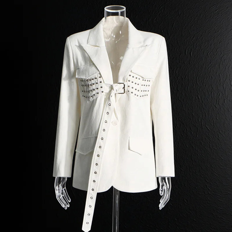Women Blazer Stylish Elegant Design Rivets Lace-Up Patchwork Solid Color Trendy Niche Slim Fit Suit-Coat Autumn New HK28003