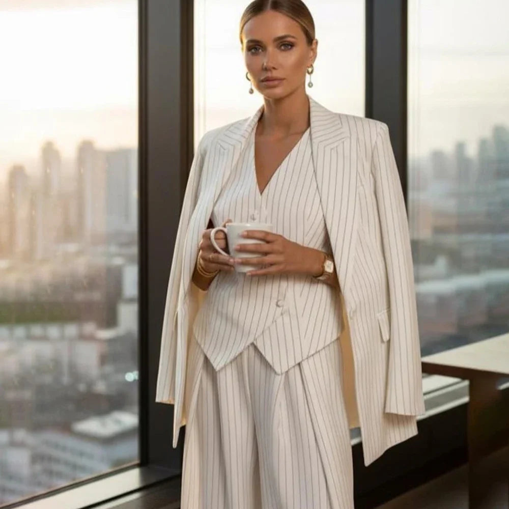 High Quality Stripe Women's Suits 3 Piece Jacket Pants Vest Loose Single Breasted Peak Lapel Leisure Outfits Clothing