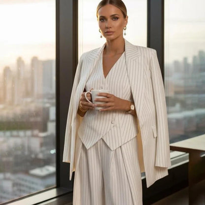 High Quality Stripe Women's Suits 3 Piece Jacket Pants Vest Loose Single Breasted Peak Lapel Leisure Outfits Clothing