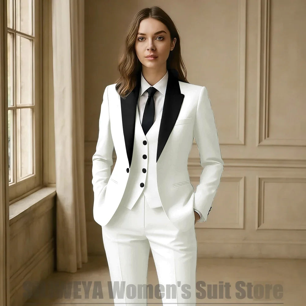 Women Royal Blue 3 Piece Tuxedo Suit Blazer Vest Pants with Black Lapel Slim Fit Formal Party Business Office Outfit