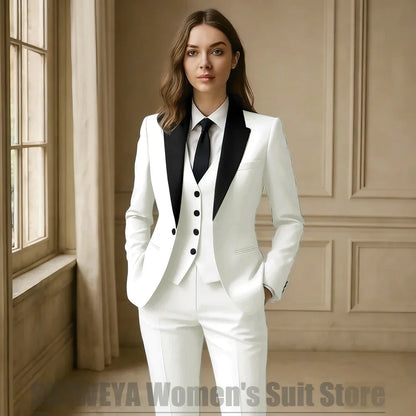 Women Royal Blue 3 Piece Tuxedo Suit Blazer Vest Pants with Black Lapel Slim Fit Formal Party Business Office Outfit
