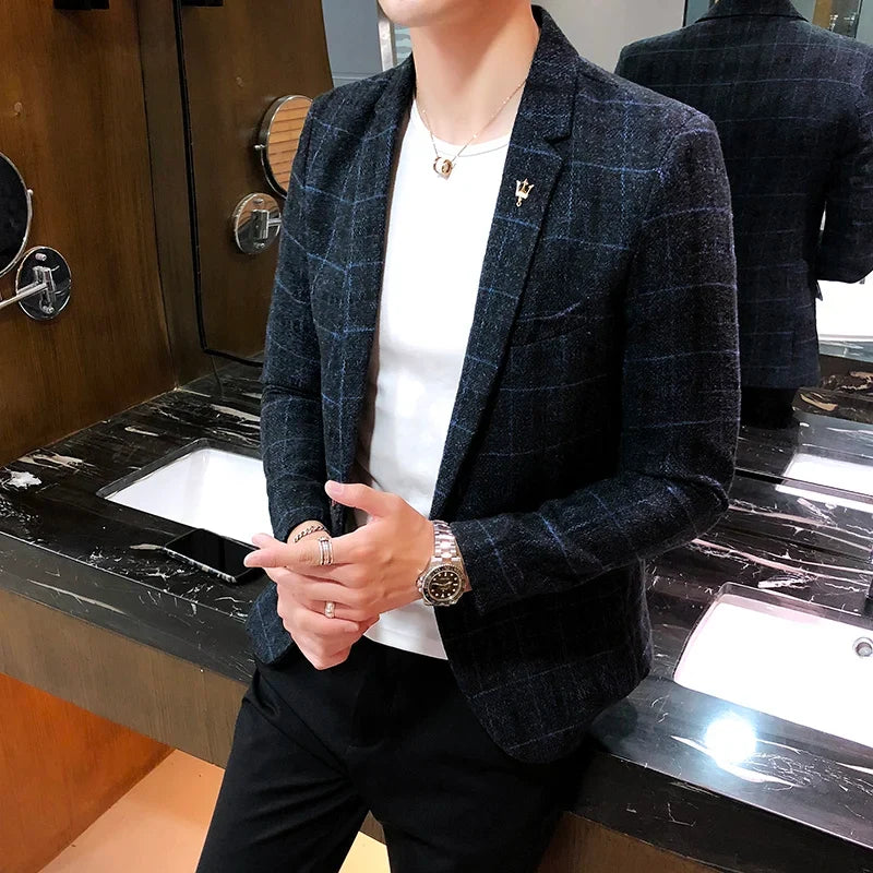 2025 New Men's Casual Plaid Suit Jacket Male Linen Plaid Business Self-cultivation Wedding Dress Party Suit Coat Plus Size S-5XL