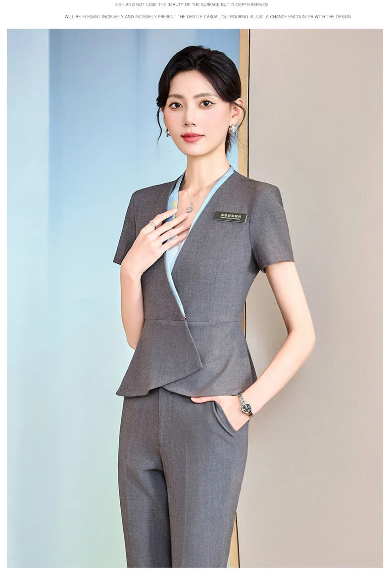 Fashionable professional women's clothing, high-quality short-sleeved suit jacket + pants set, slim and comfortable